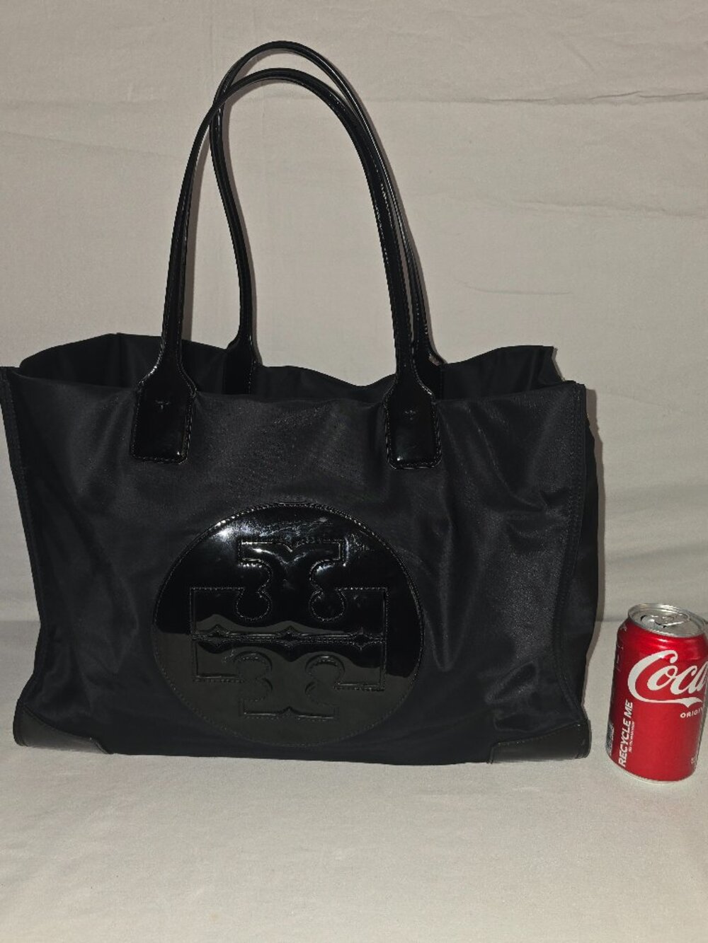 Tory Burch Ella Large Black Nylon Patent Leather Logo Shoulder Tote Shopper Bag - Picture 2 of 12